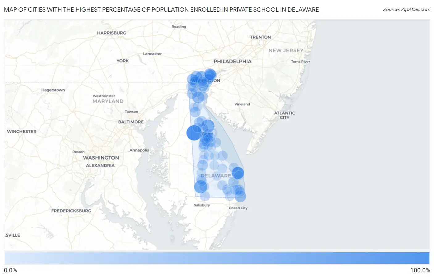 Cities with the Highest Percentage of Population Enrolled in Private School in Delaware Map