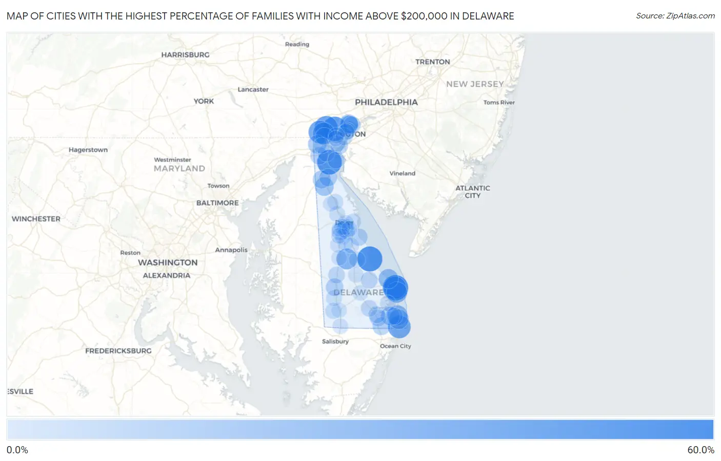 Cities with the Highest Percentage of Families with Income Above $200,000 in Delaware Map