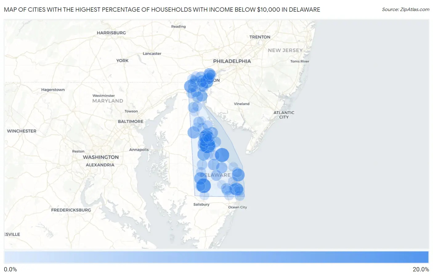 Cities with the Highest Percentage of Households with Income Below $10,000 in Delaware Map