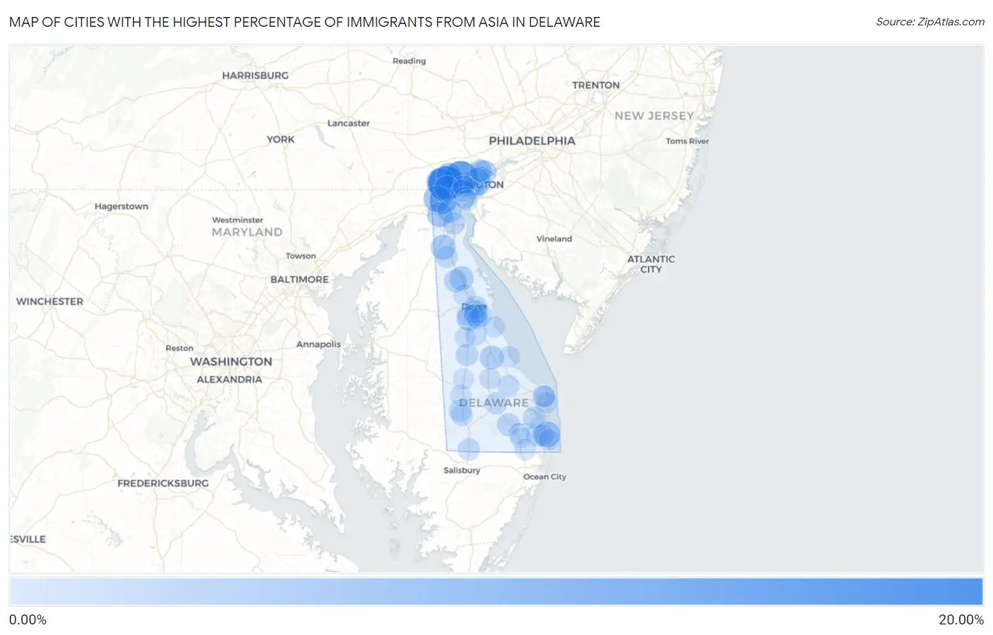 Cities with the Highest Percentage of Immigrants from Asia in Delaware Map