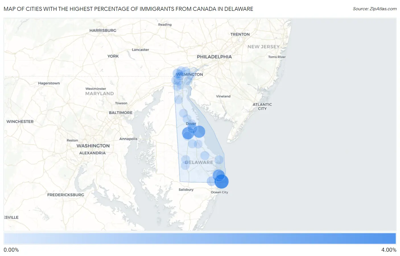 Cities with the Highest Percentage of Immigrants from Canada in Delaware Map