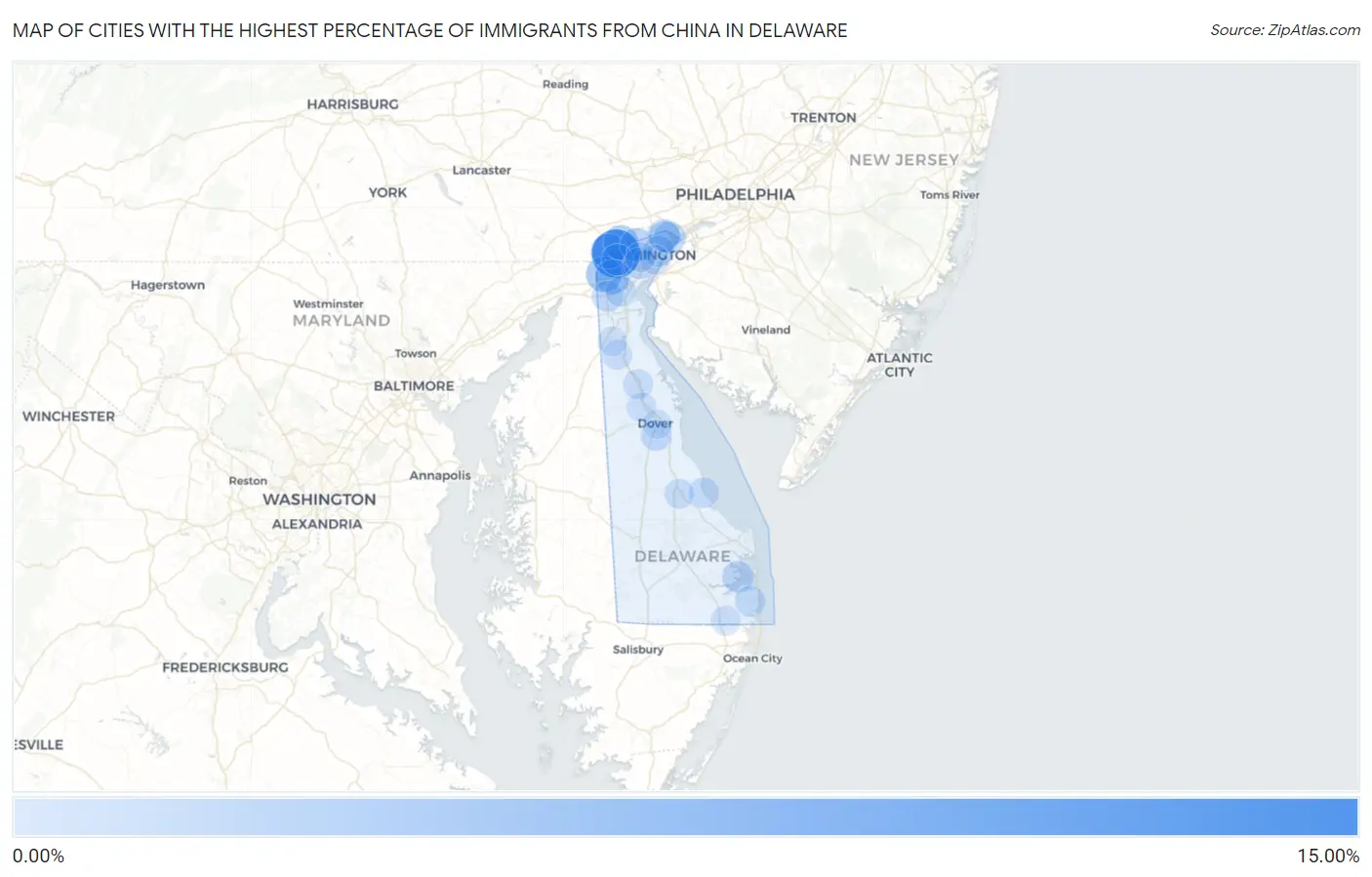 Cities with the Highest Percentage of Immigrants from China in Delaware Map