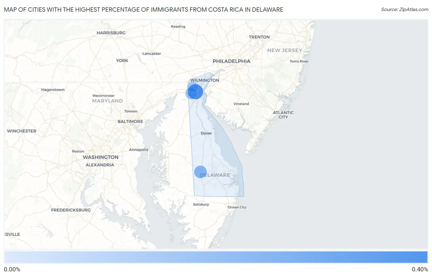 Cities with the Highest Percentage of Immigrants from Costa Rica in Delaware Map