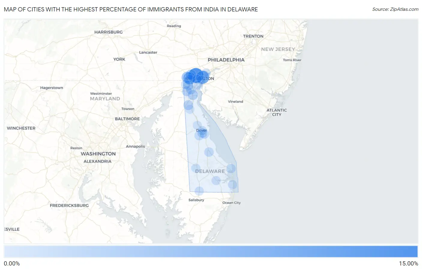 Cities with the Highest Percentage of Immigrants from India in Delaware Map