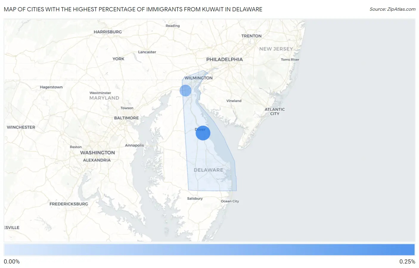 Cities with the Highest Percentage of Immigrants from Kuwait in Delaware Map
