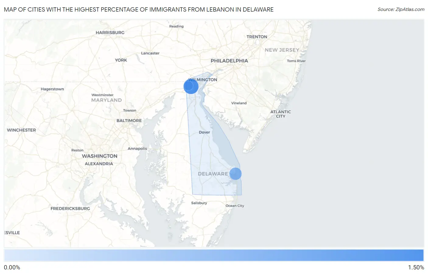 Cities with the Highest Percentage of Immigrants from Lebanon in Delaware Map
