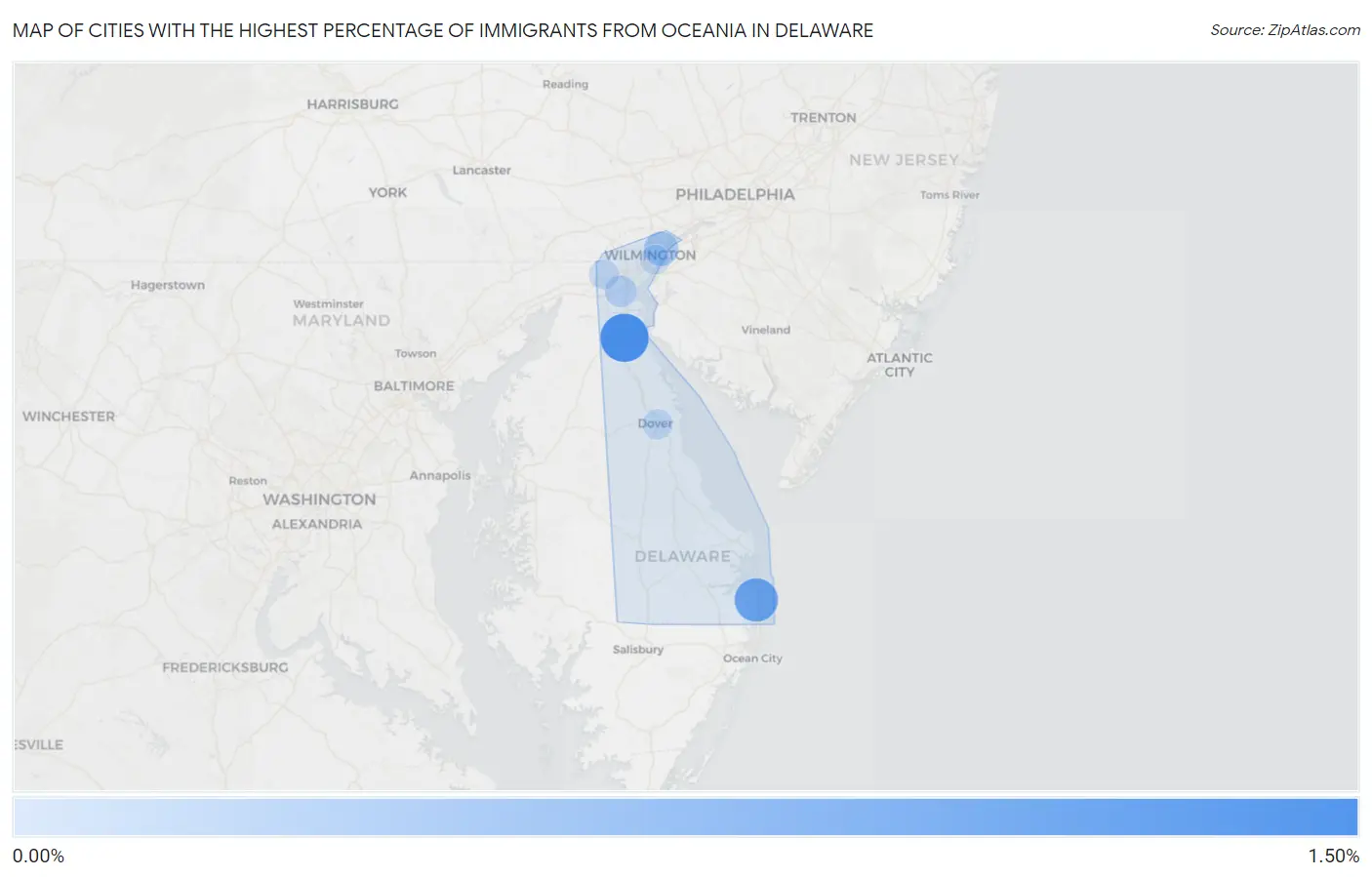 Cities with the Highest Percentage of Immigrants from Oceania in Delaware Map