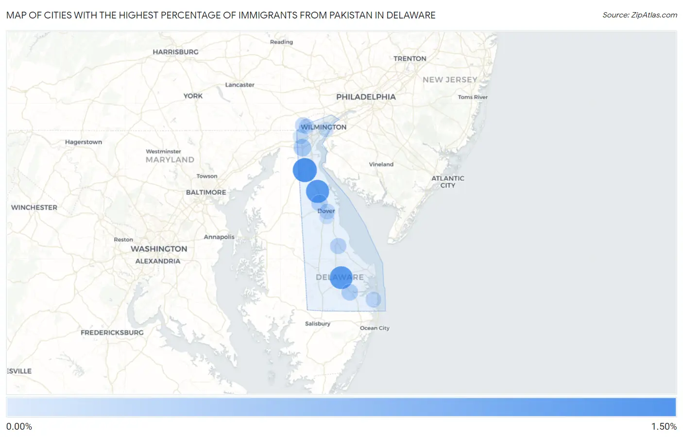 Cities with the Highest Percentage of Immigrants from Pakistan in Delaware Map