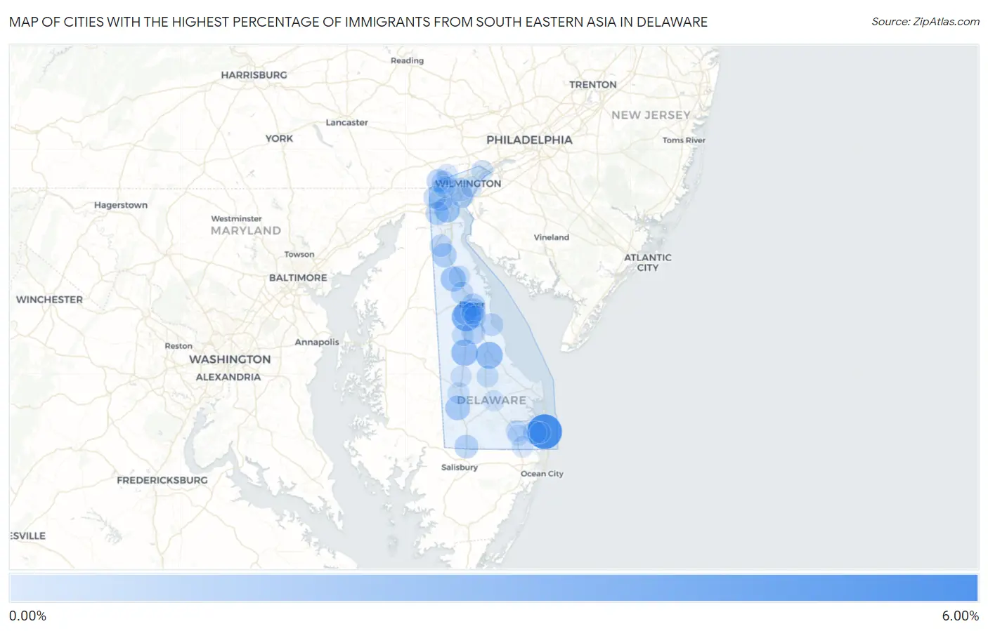 Cities with the Highest Percentage of Immigrants from South Eastern Asia in Delaware Map