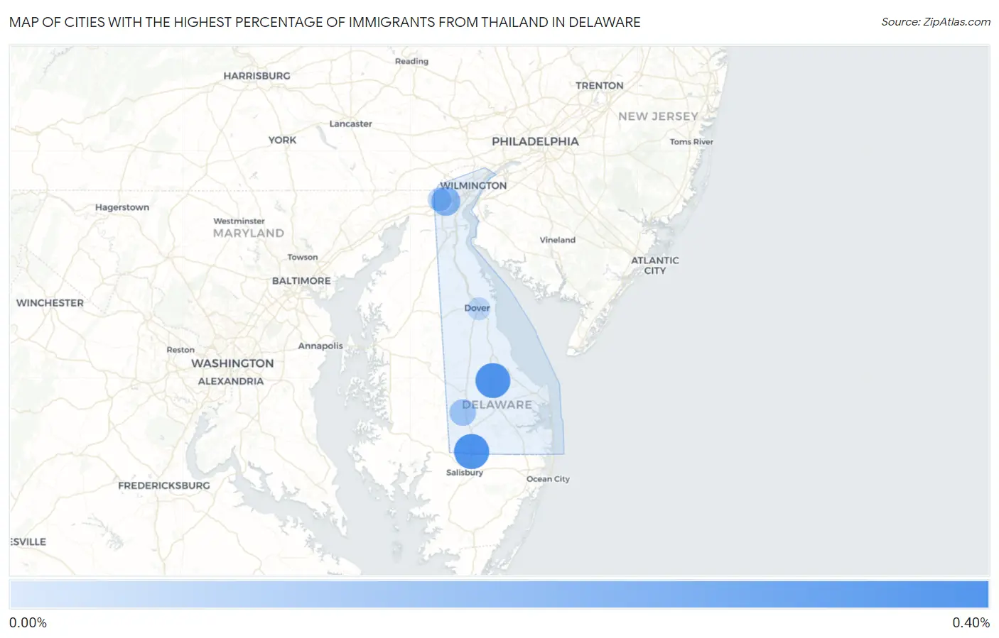 Cities with the Highest Percentage of Immigrants from Thailand in Delaware Map