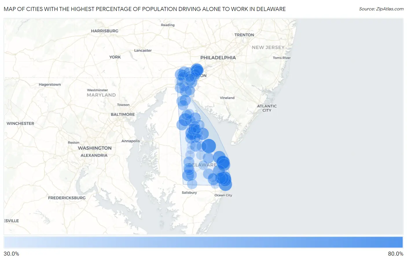 Cities with the Highest Percentage of Population Driving Alone to Work in Delaware Map