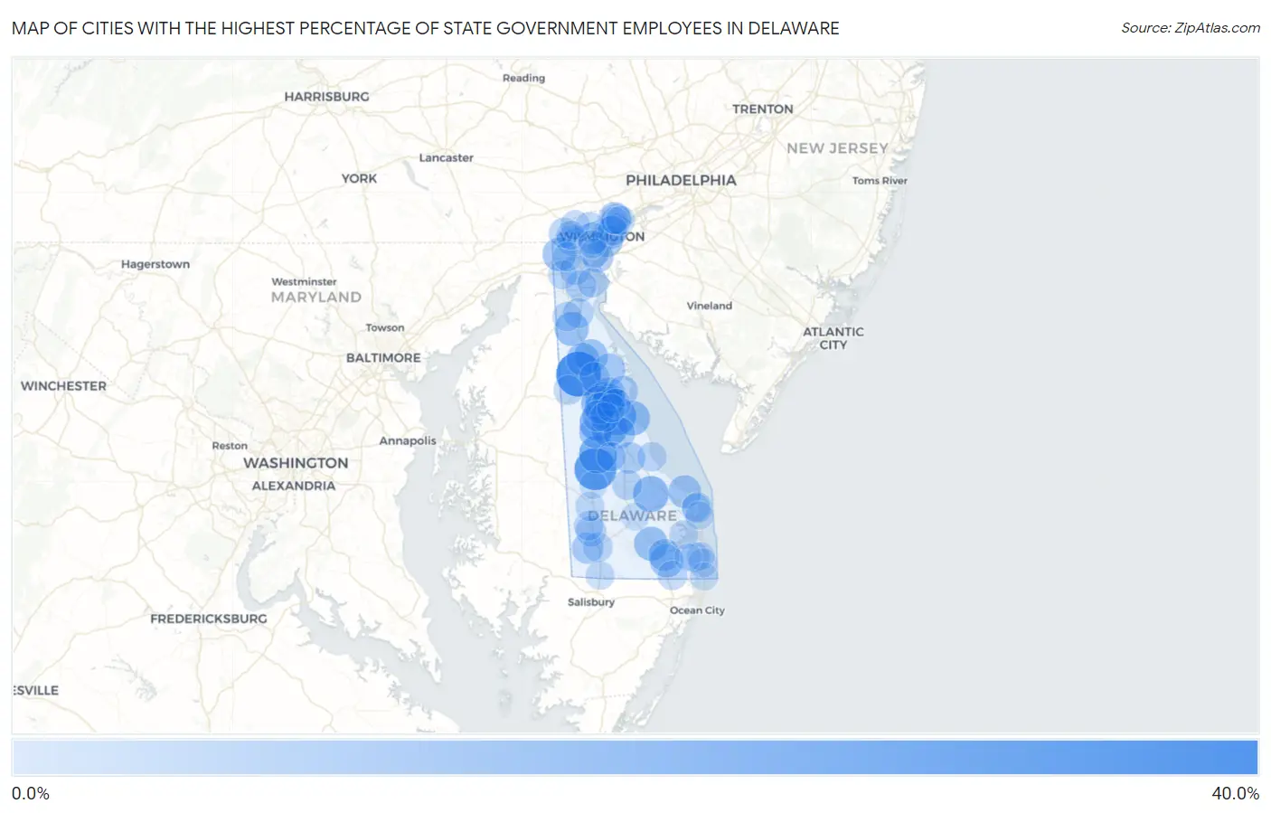 Cities with the Highest Percentage of State Government Employees in Delaware Map