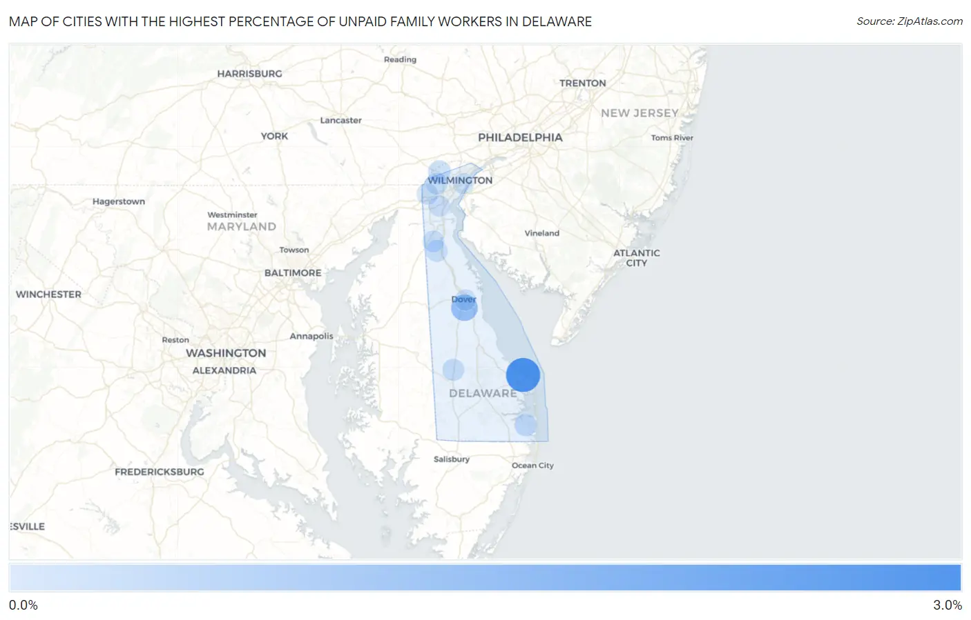 Cities with the Highest Percentage of Unpaid Family Workers in Delaware Map