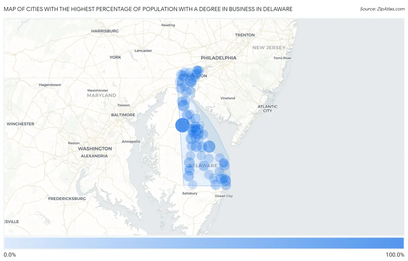 Cities with the Highest Percentage of Population with a Degree in Business in Delaware Map