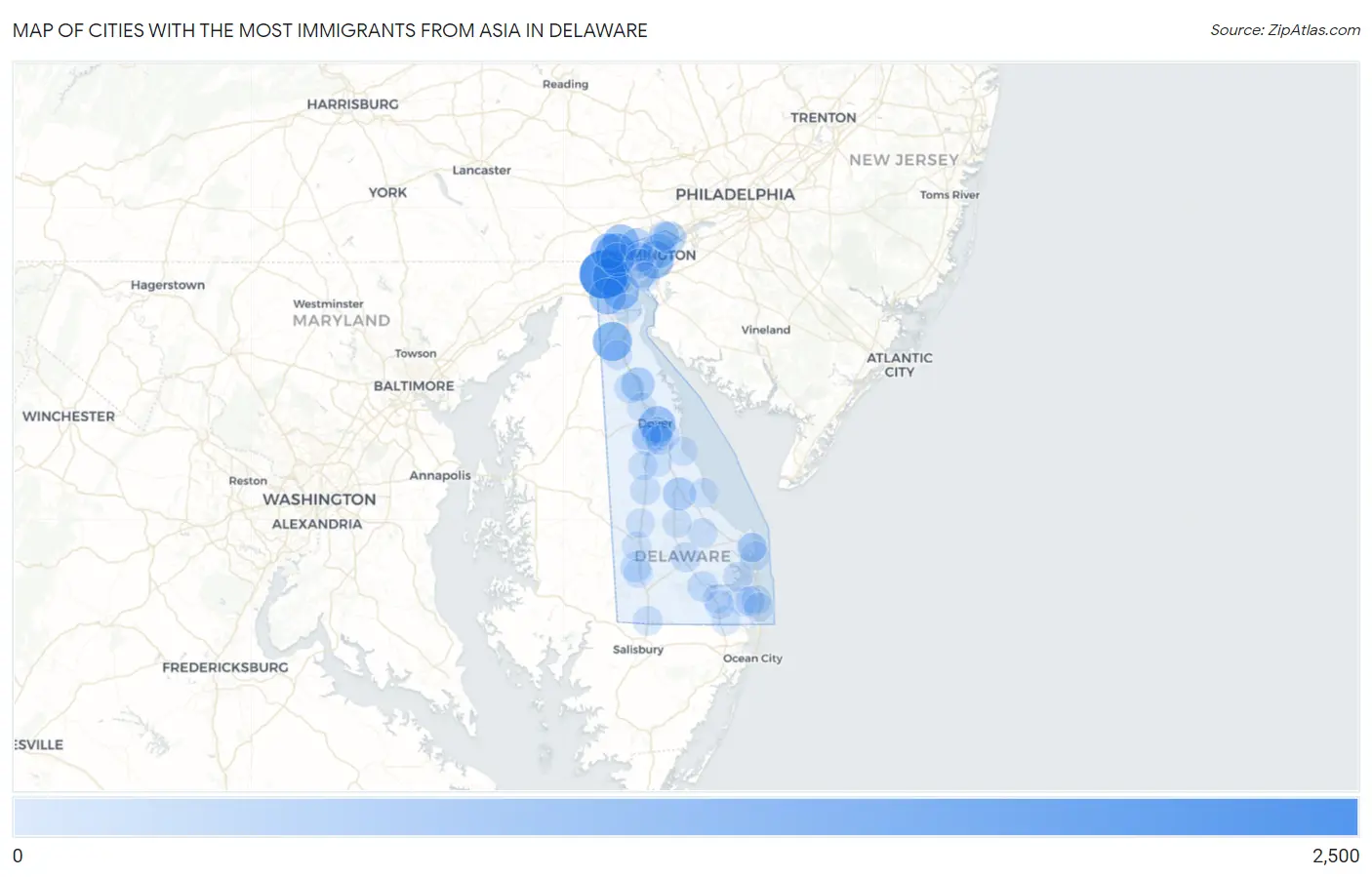 Cities with the Most Immigrants from Asia in Delaware Map