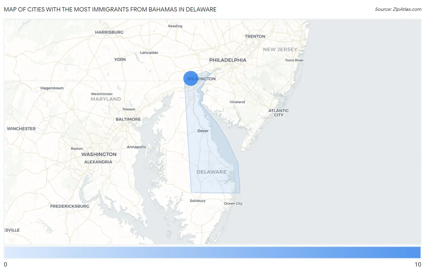 Cities with the Most Immigrants from Bahamas in Delaware Map