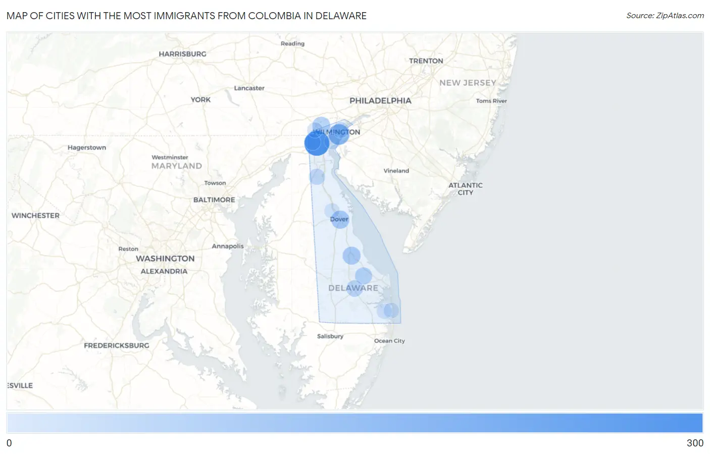 Cities with the Most Immigrants from Colombia in Delaware Map