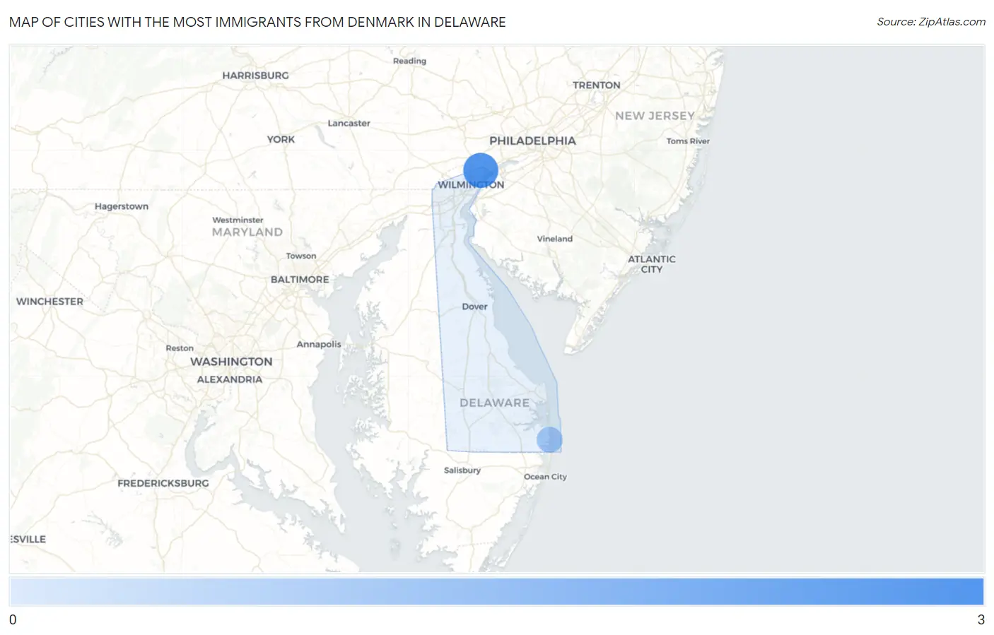 Cities with the Most Immigrants from Denmark in Delaware Map