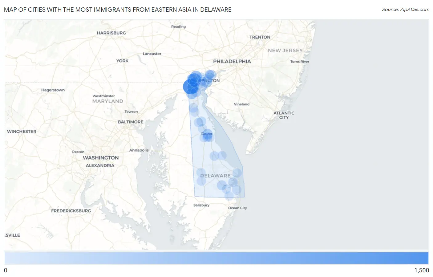 Cities with the Most Immigrants from Eastern Asia in Delaware Map