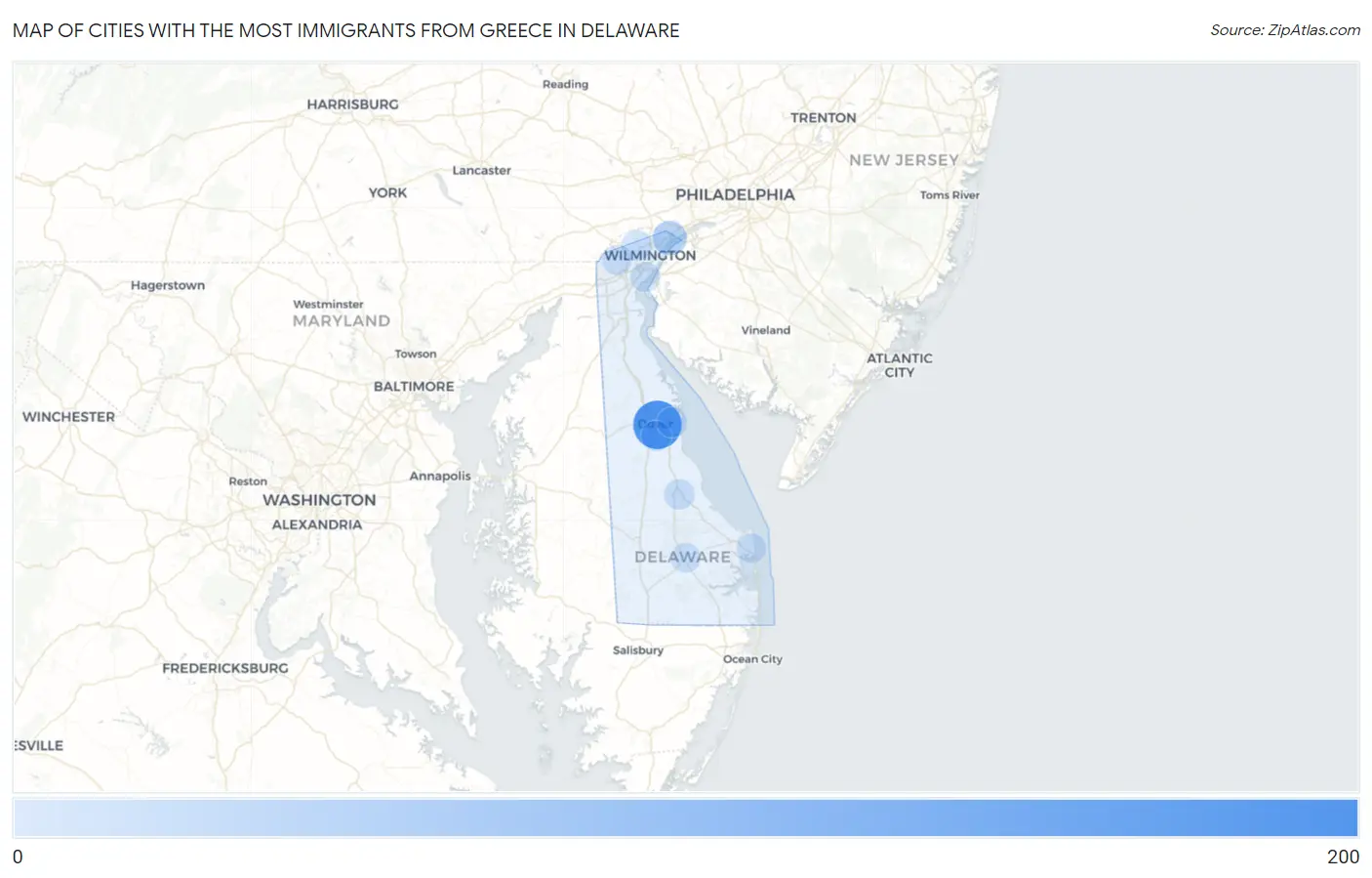 Cities with the Most Immigrants from Greece in Delaware Map