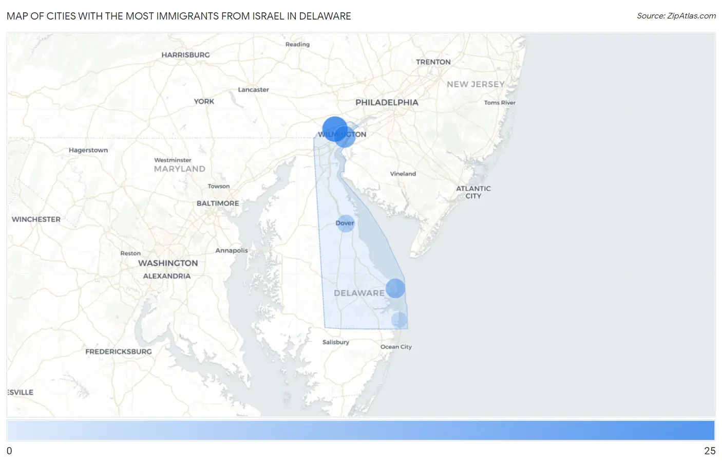 Cities with the Most Immigrants from Israel in Delaware Map
