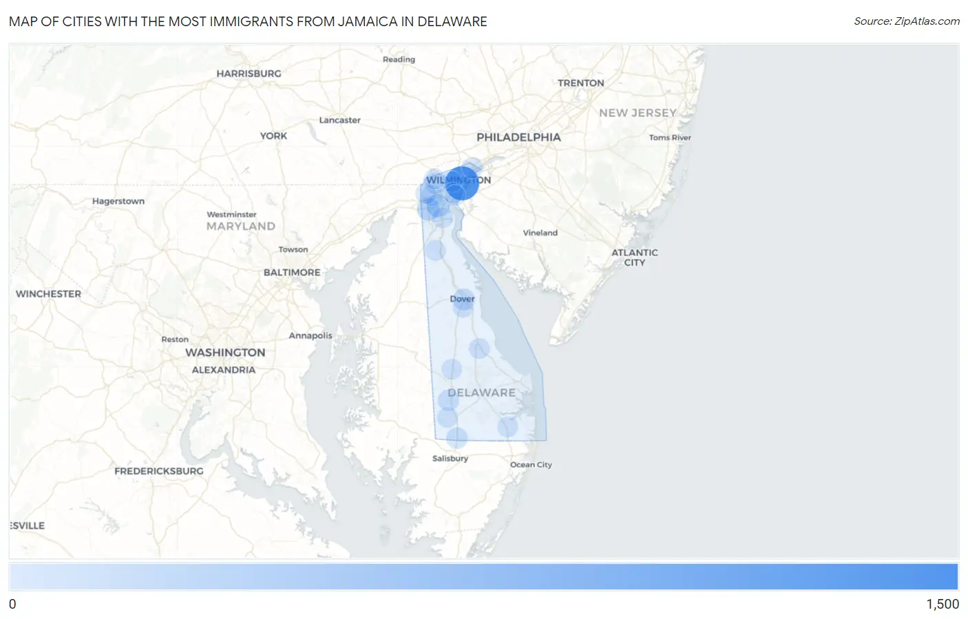 Cities with the Most Immigrants from Jamaica in Delaware Map