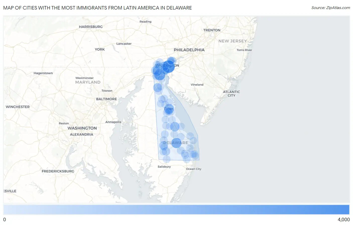 Cities with the Most Immigrants from Latin America in Delaware Map