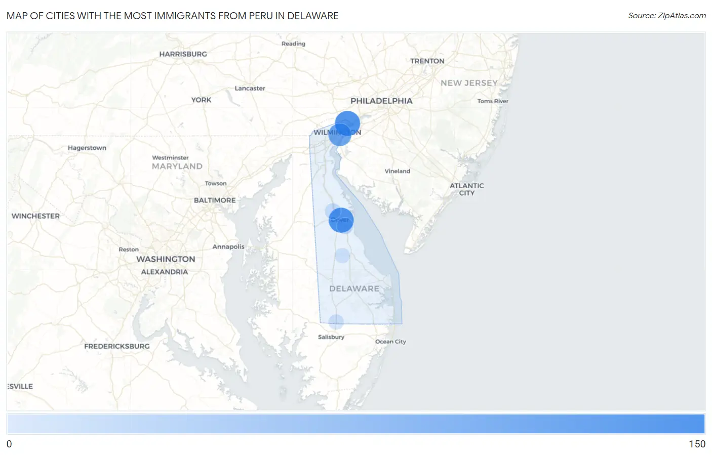 Cities with the Most Immigrants from Peru in Delaware Map