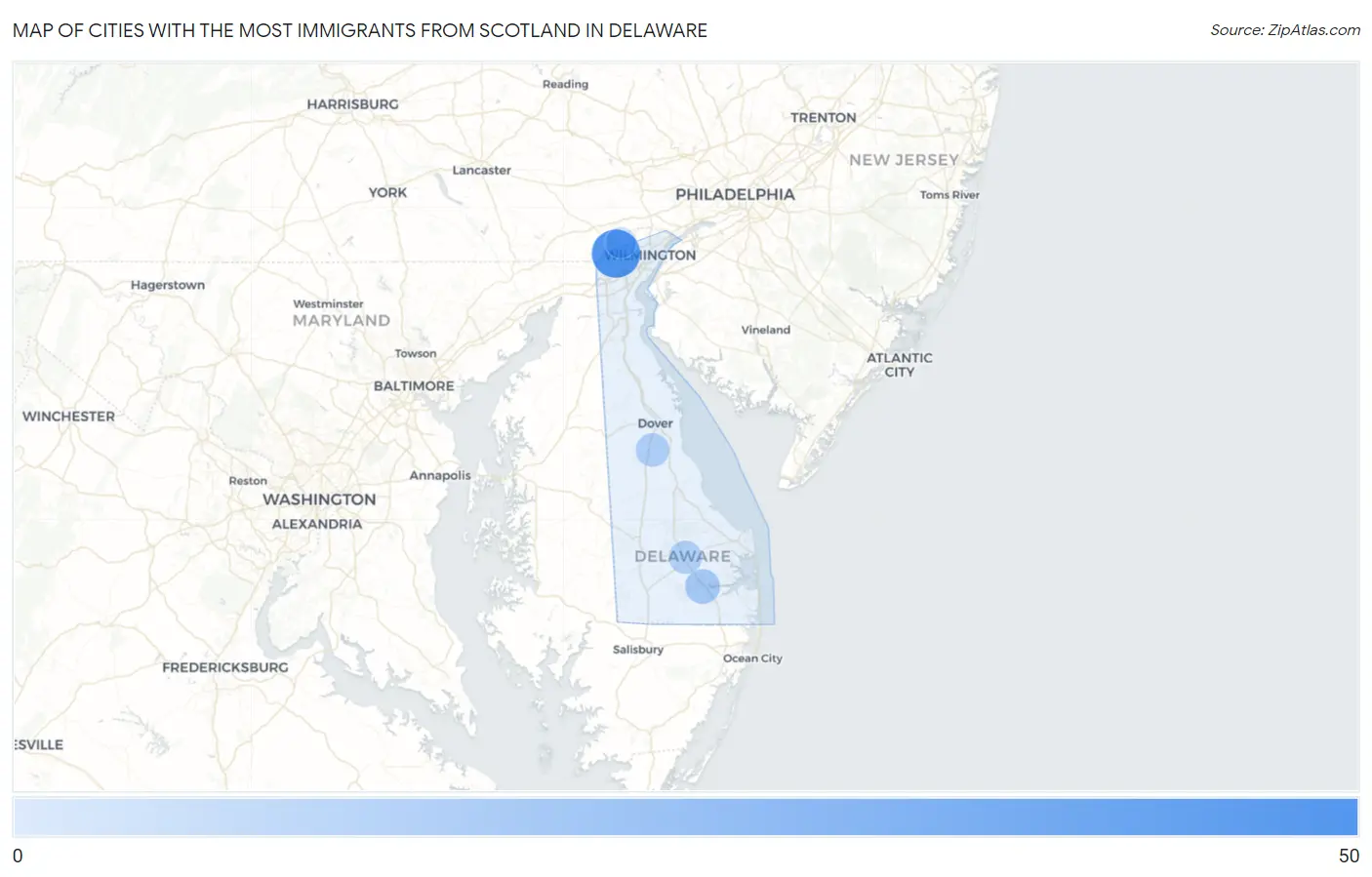 Cities with the Most Immigrants from Scotland in Delaware Map