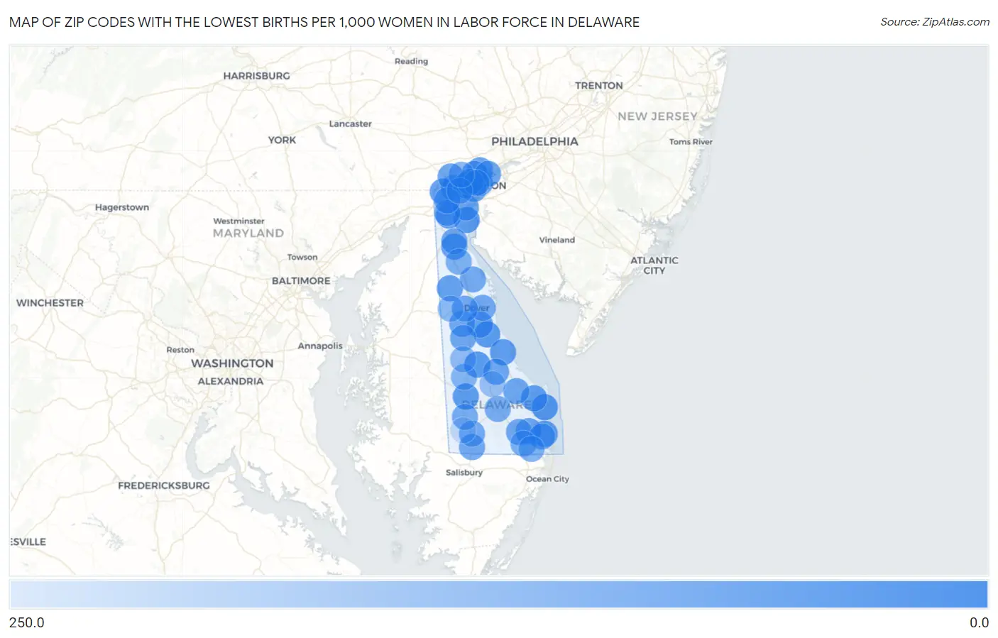 Zip Codes with the Lowest Births per 1,000 Women in Labor Force in Delaware Map