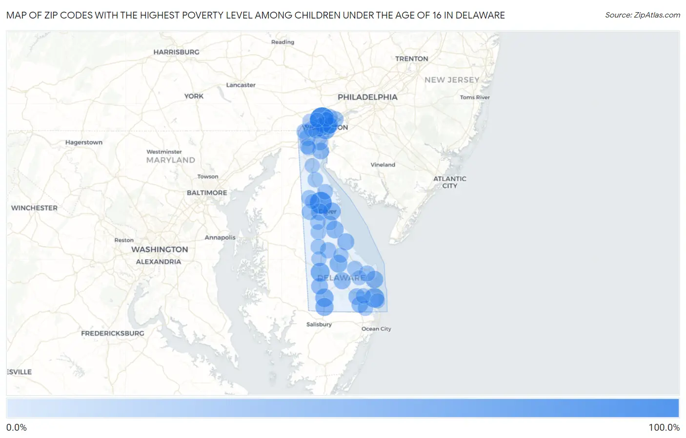 Zip Codes with the Highest Poverty Level Among Children Under the Age of 16 in Delaware Map