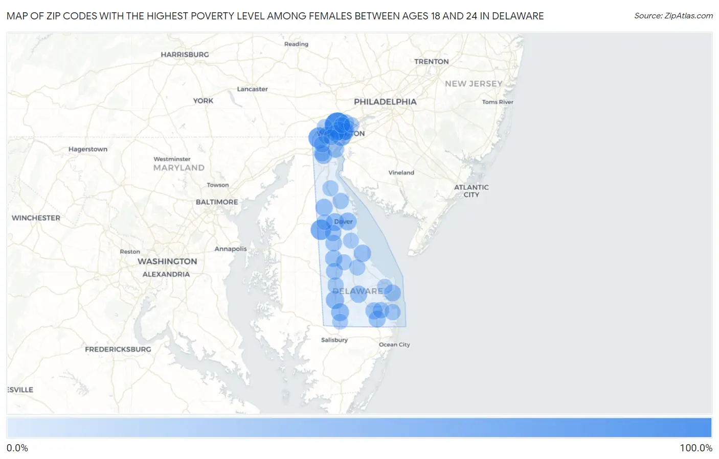 Zip Codes with the Highest Poverty Level Among Females Between Ages 18 and 24 in Delaware Map