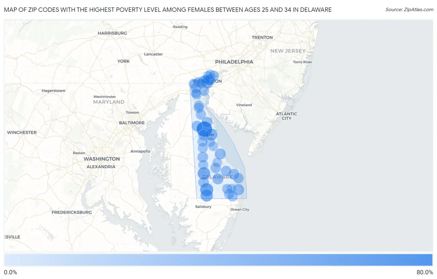 Zip Codes with the Highest Poverty Level Among Females Between Ages 25 and 34 in Delaware Map