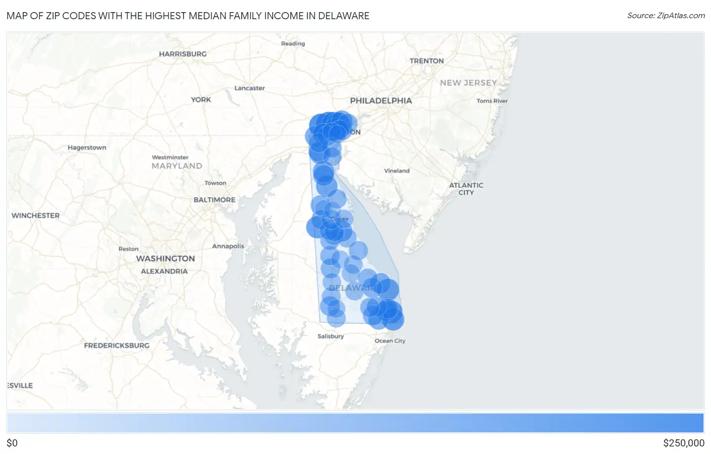 Zip Codes with the Highest Median Family Income in Delaware Map