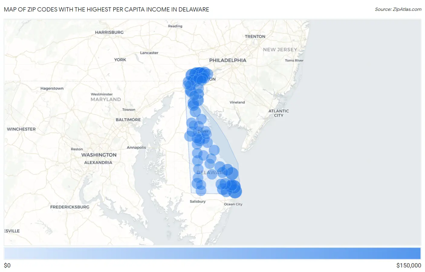Zip Codes with the Highest Per Capita Income in Delaware Map