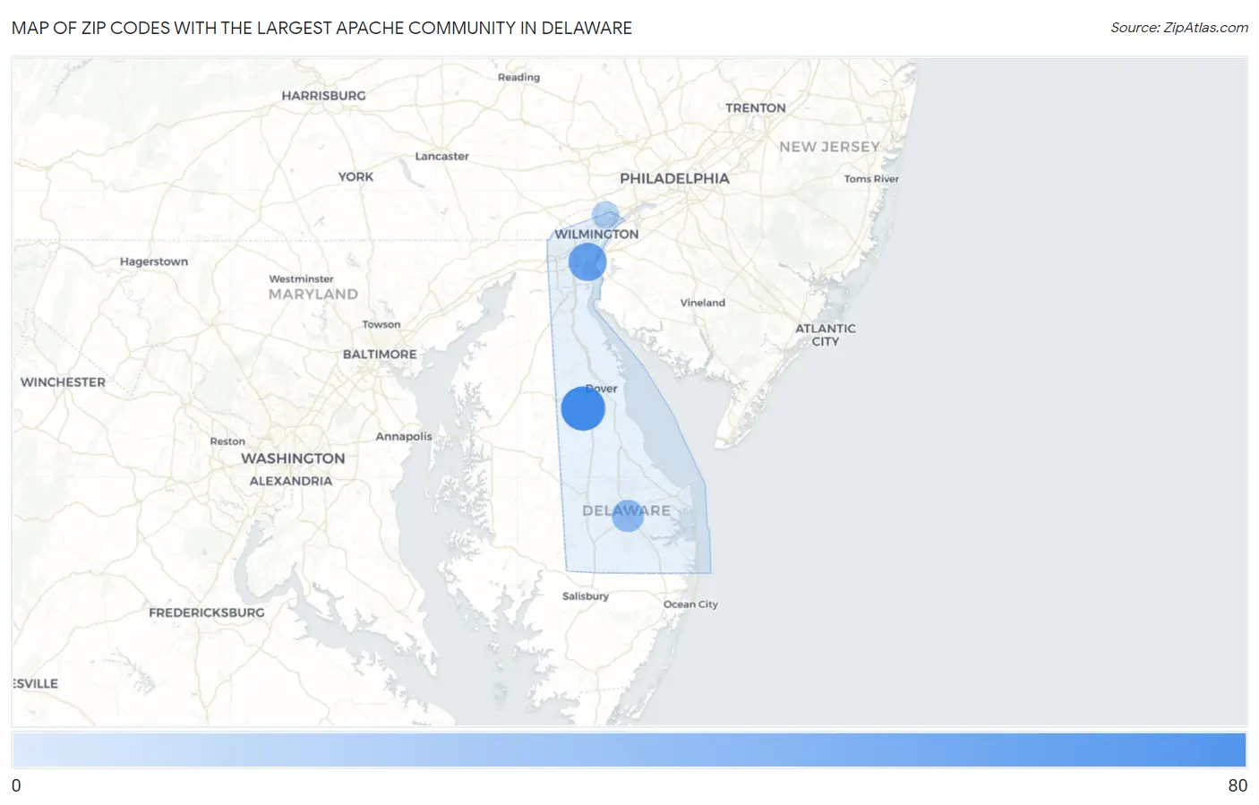 Zip Codes with the Largest Apache Community in Delaware Map