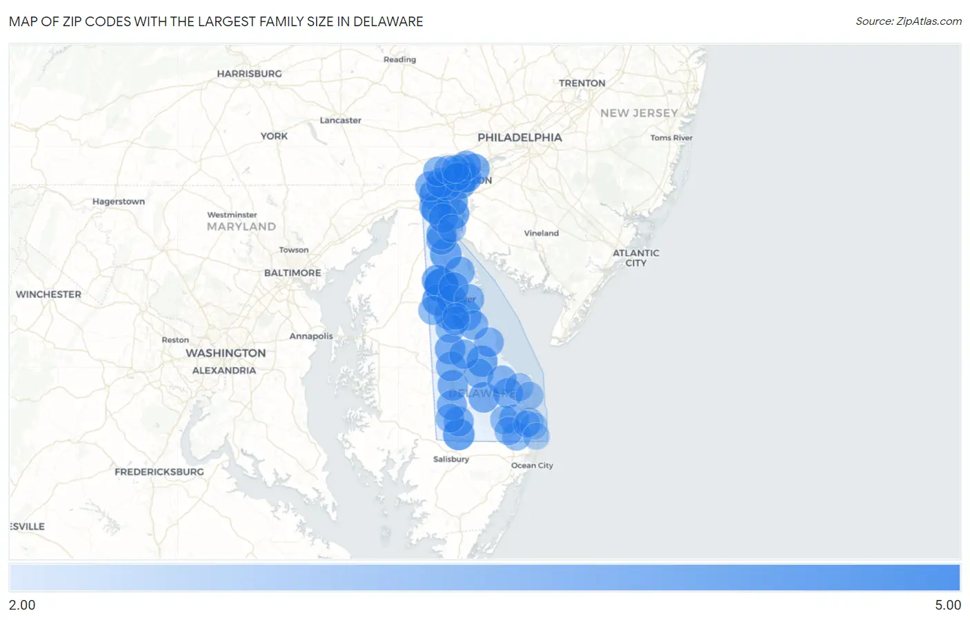 Zip Codes with the Largest Family Size in Delaware Map