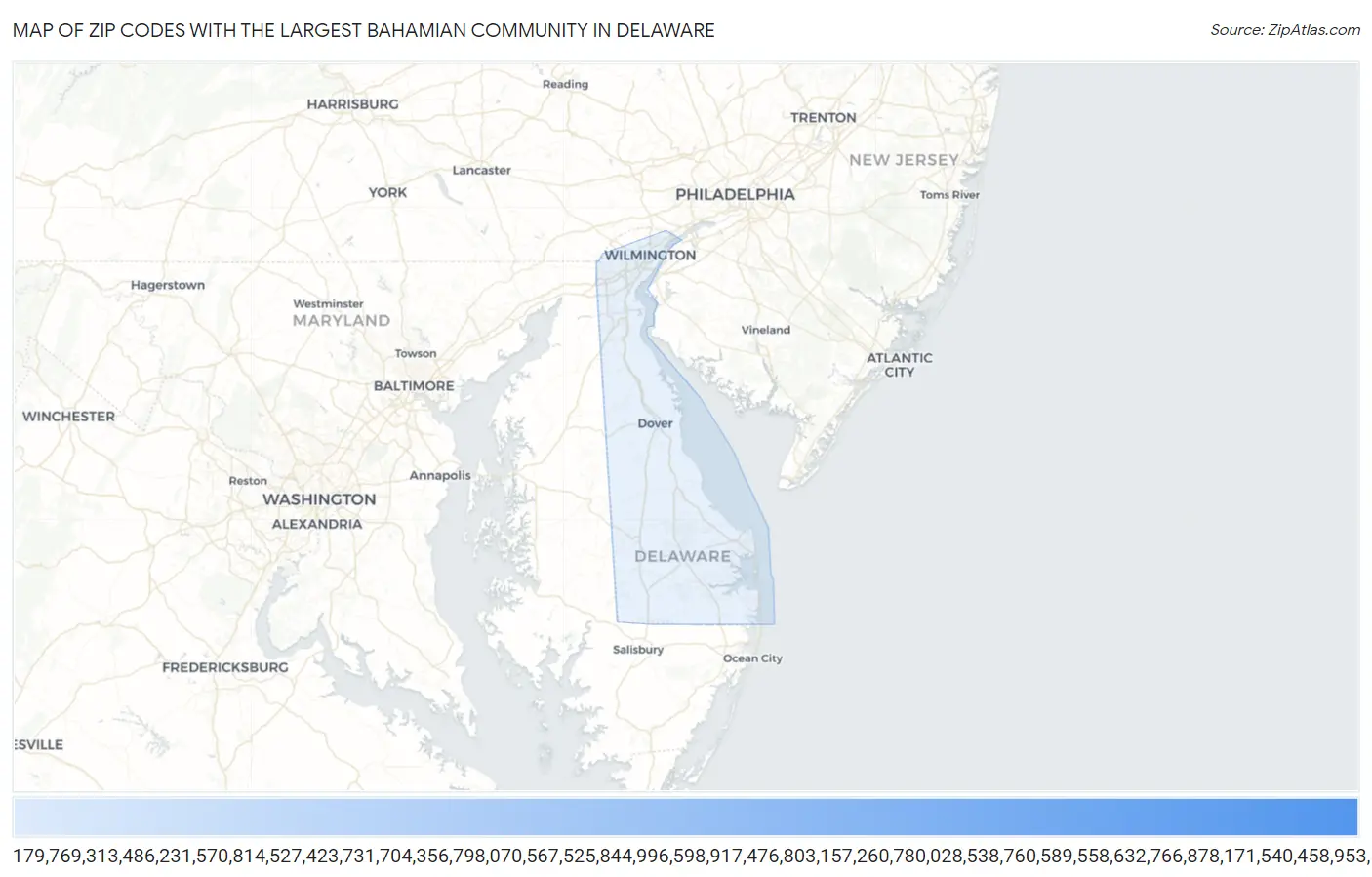Zip Codes with the Largest Bahamian Community in Delaware Map