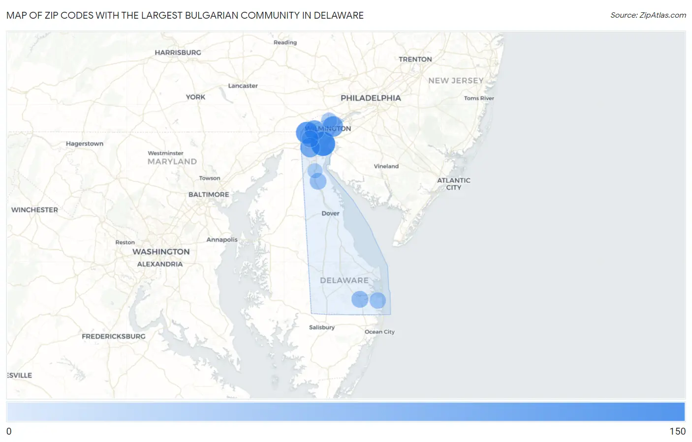 Zip Codes with the Largest Bulgarian Community in Delaware Map