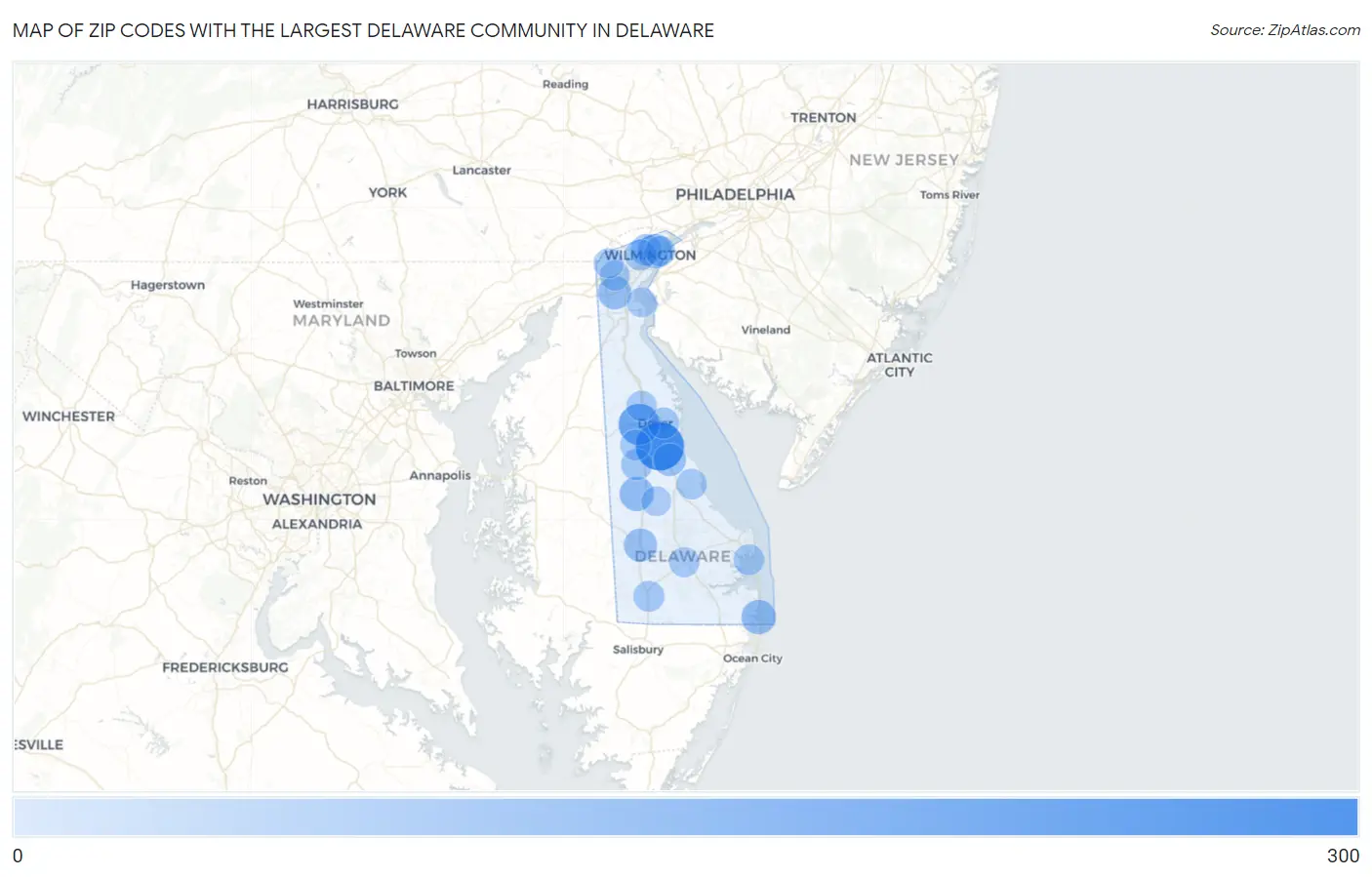 Zip Codes with the Largest Delaware Community in Delaware Map