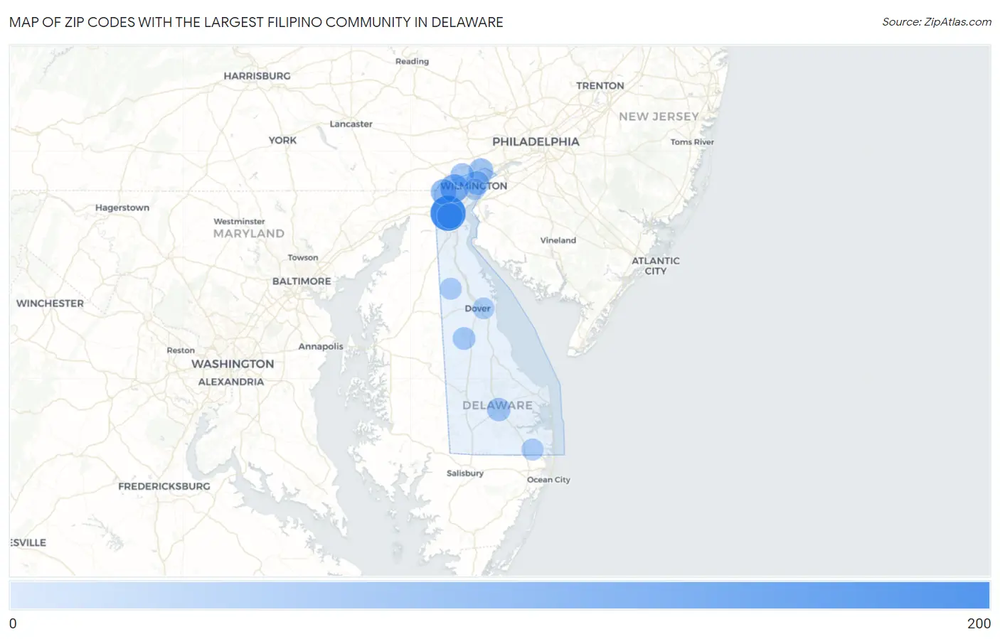 Zip Codes with the Largest Filipino Community in Delaware Map