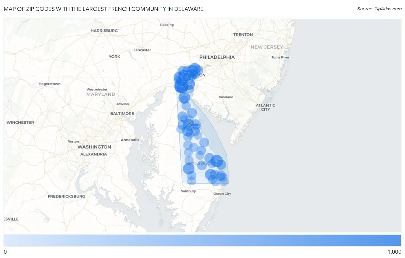 Zip Codes with the Largest French Community in Delaware Map