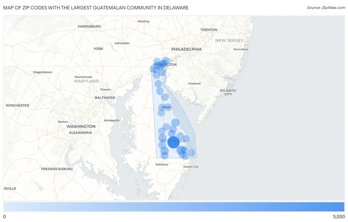 Zip Codes with the Largest Guatemalan Community in Delaware Map
