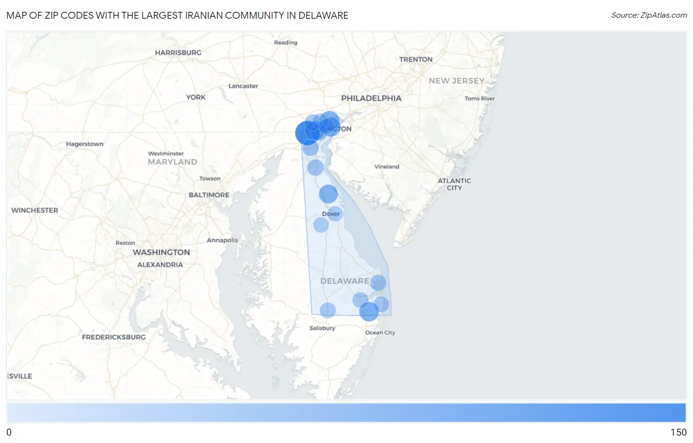 Zip Codes with the Largest Iranian Community in Delaware Map