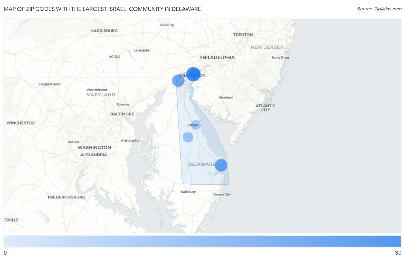 Zip Codes with the Largest Israeli Community in Delaware Map