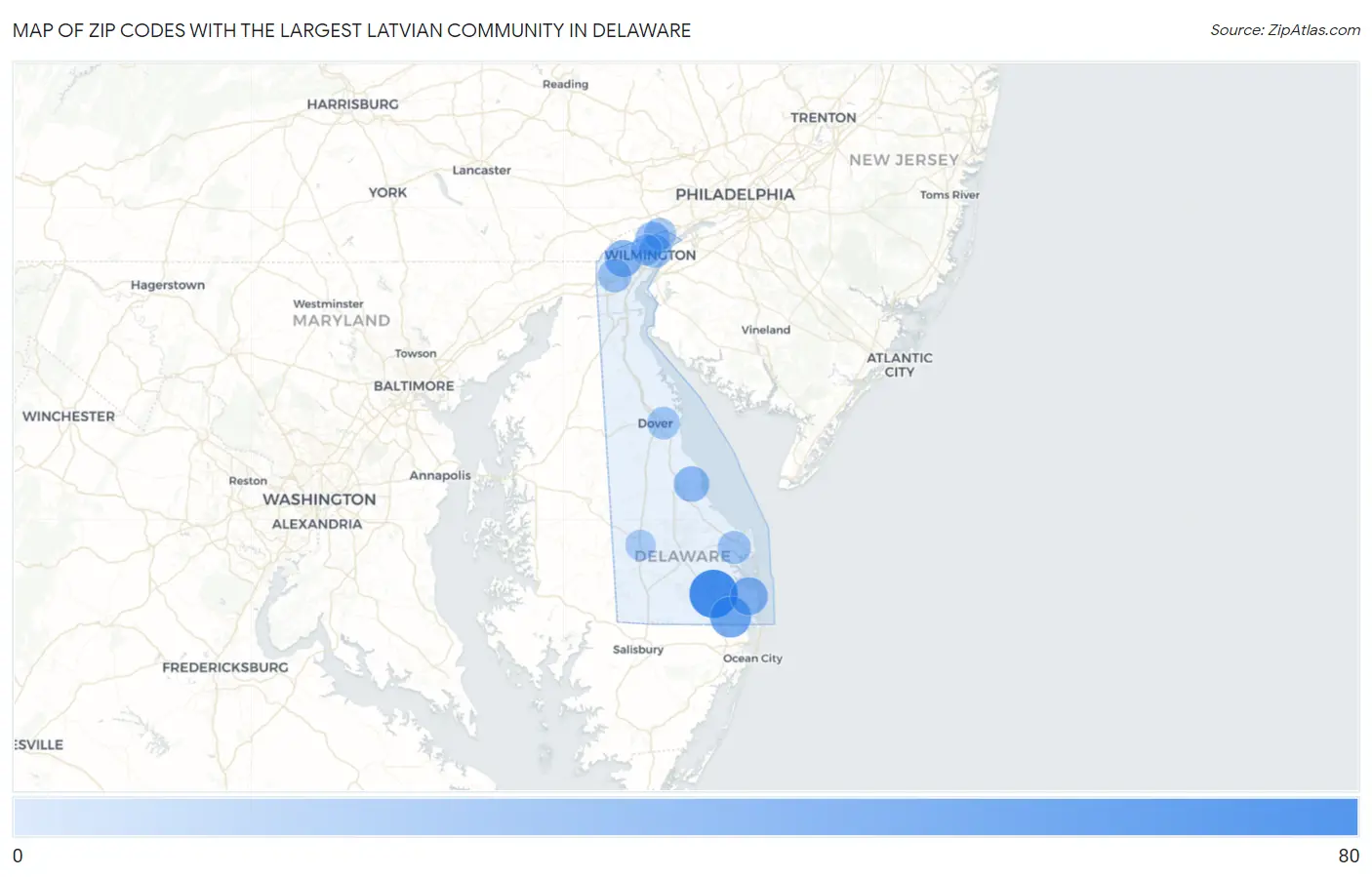 Zip Codes with the Largest Latvian Community in Delaware Map