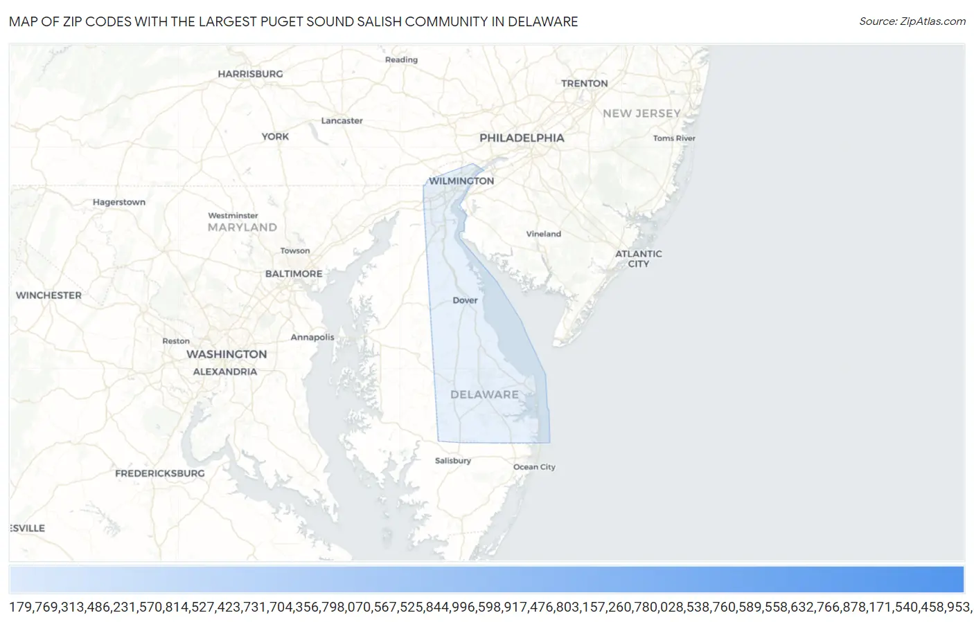 Zip Codes with the Largest Puget Sound Salish Community in Delaware Map