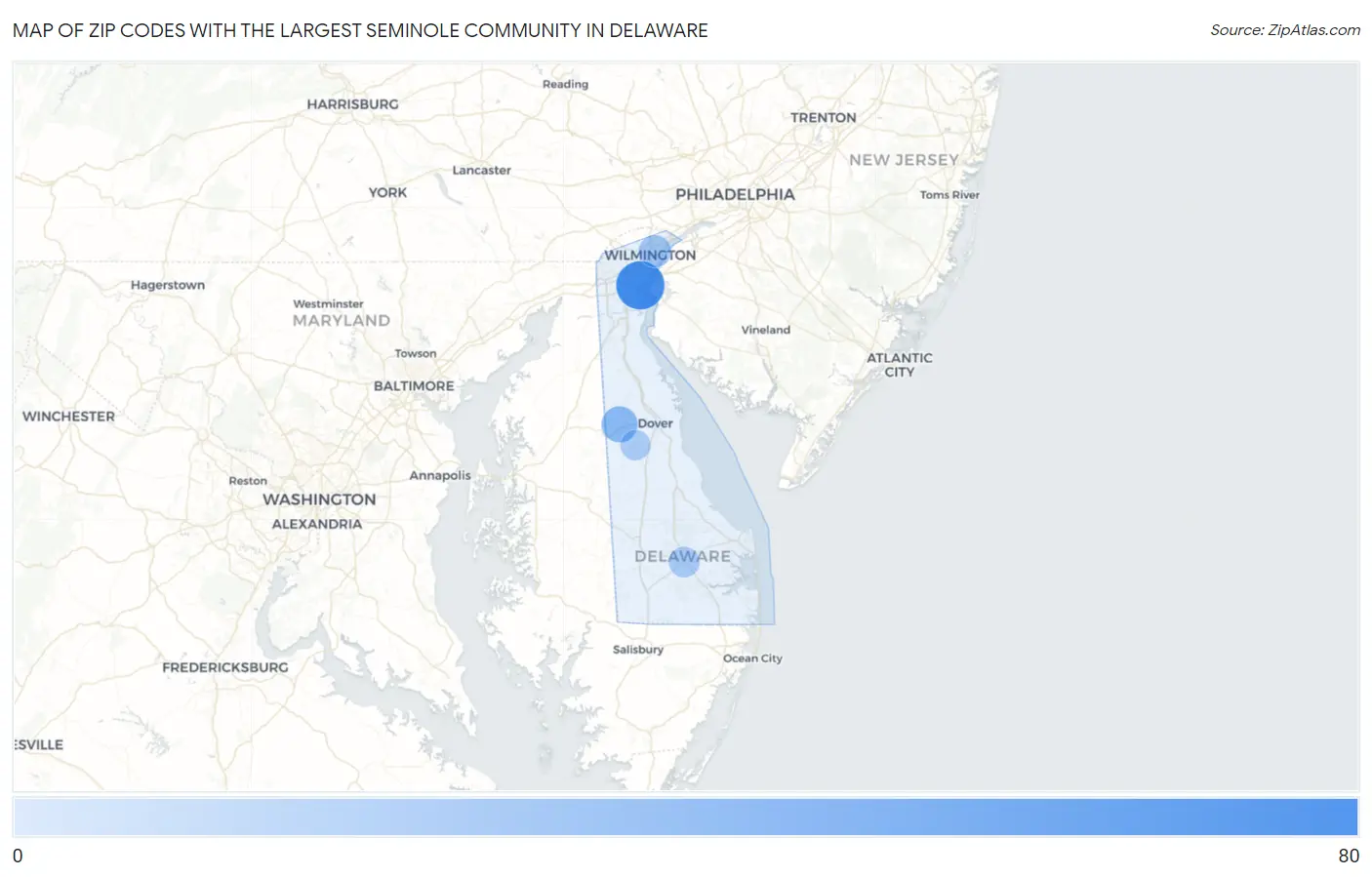 Zip Codes with the Largest Seminole Community in Delaware Map