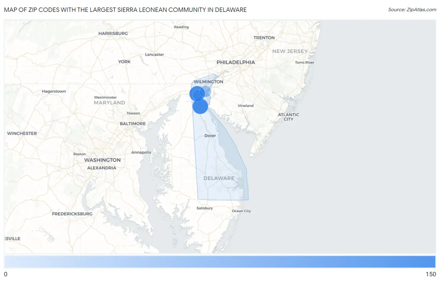 Zip Codes with the Largest Sierra Leonean Community in Delaware Map