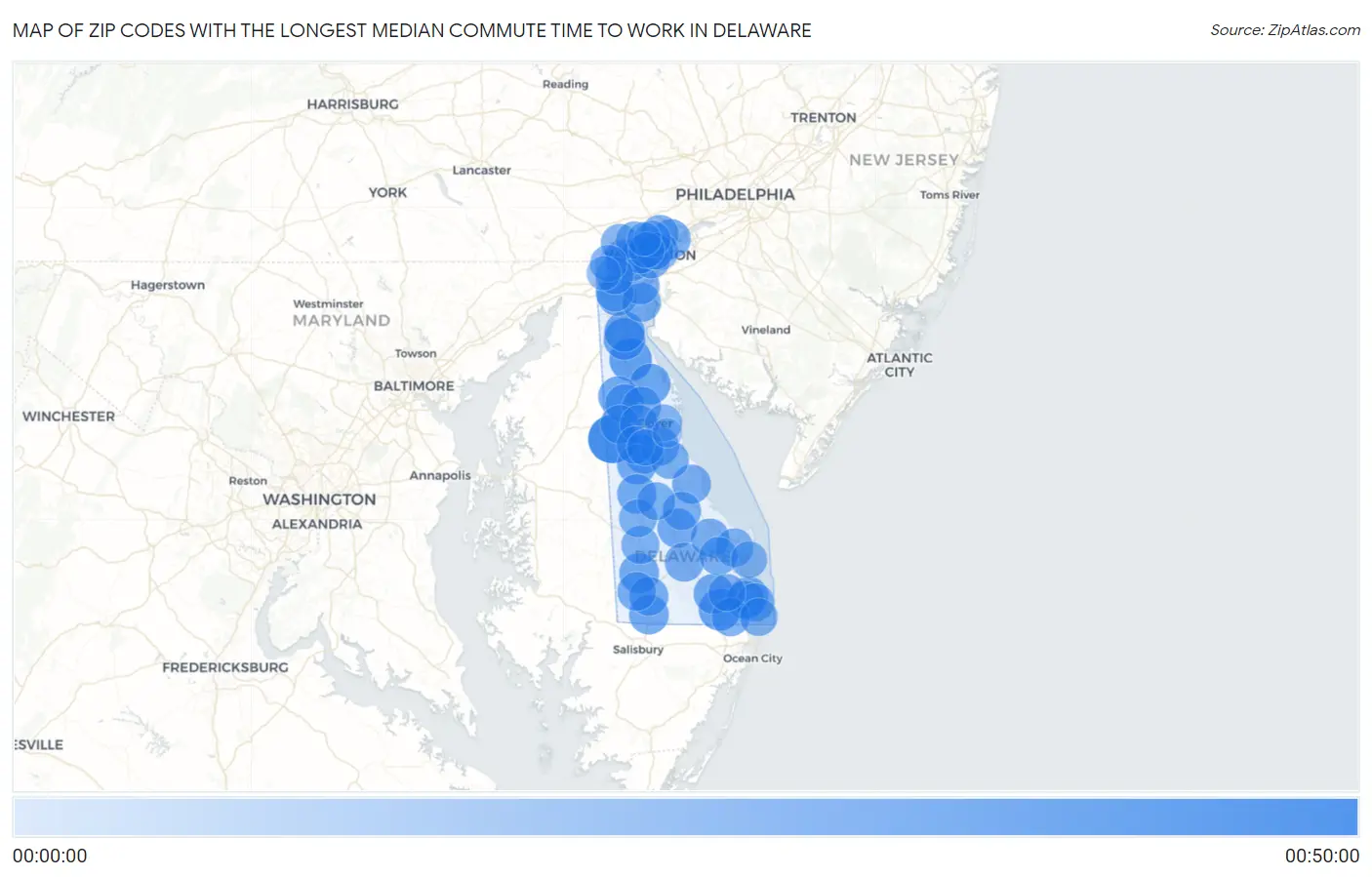 Zip Codes with the Longest Median Commute Time to Work in Delaware Map